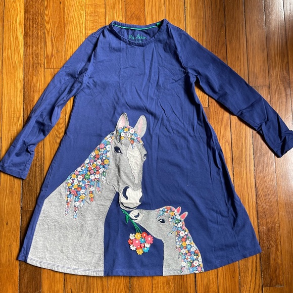 Mini Boden girls 8-9yr navy blue long sleeve floral horse appliqué dress - Picture 2 of 9